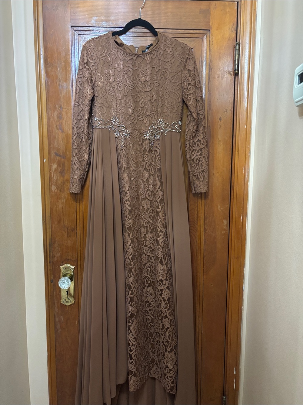 Elegant Lace Long-Sleeve Evening Dress - in Brown